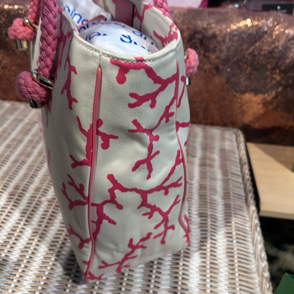 17. Kate Spade canvas tote bag with a pink coral print pink braided rope - Picture 3 of 7